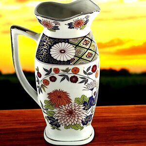 Colorful Japanese Imari Pitcher Multicolor Chrysanthemum & Lotus Flower 9 1/2 in